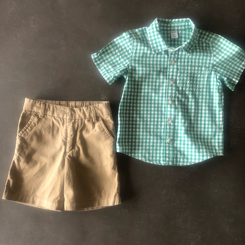 Baby Gap khaki shorts & Old Navy green plaid shirt